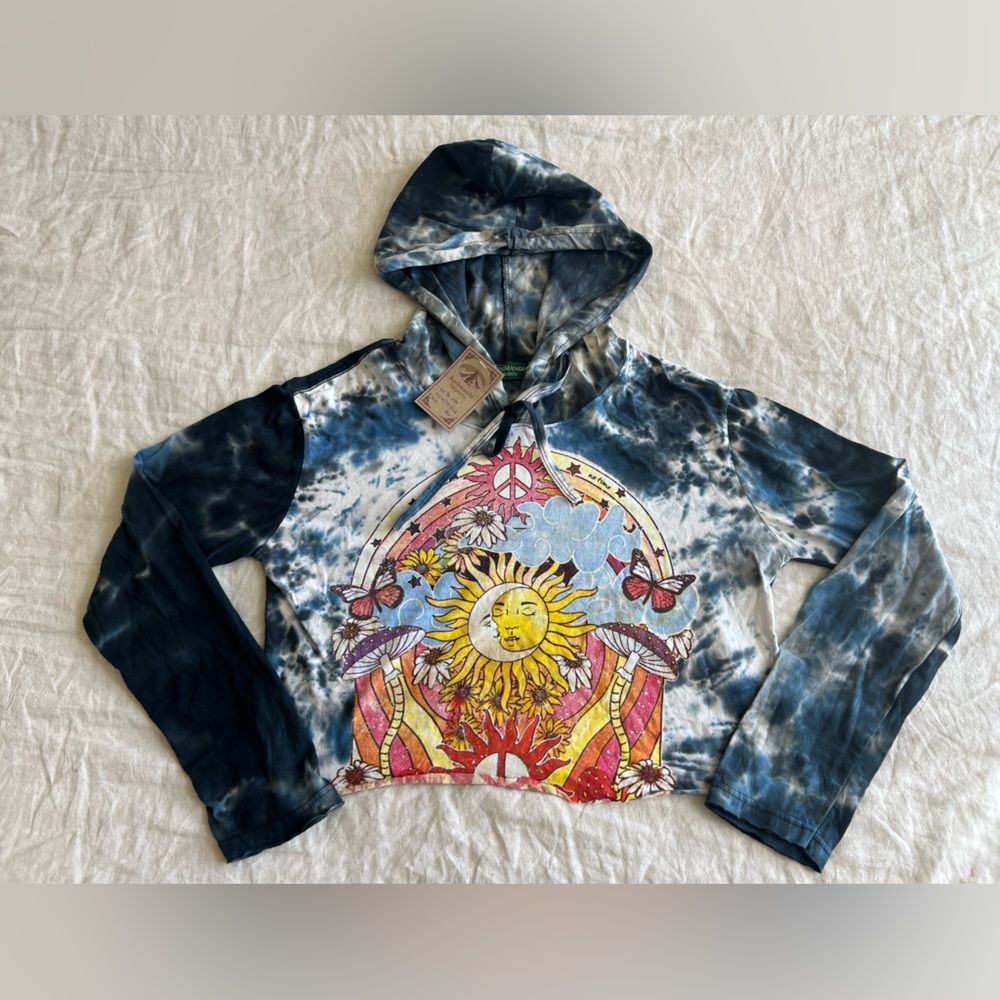 Kathmandu Tie Dye Graphic Hooded LS Shirt Raw Cut Off Hem Cropped Size Medium